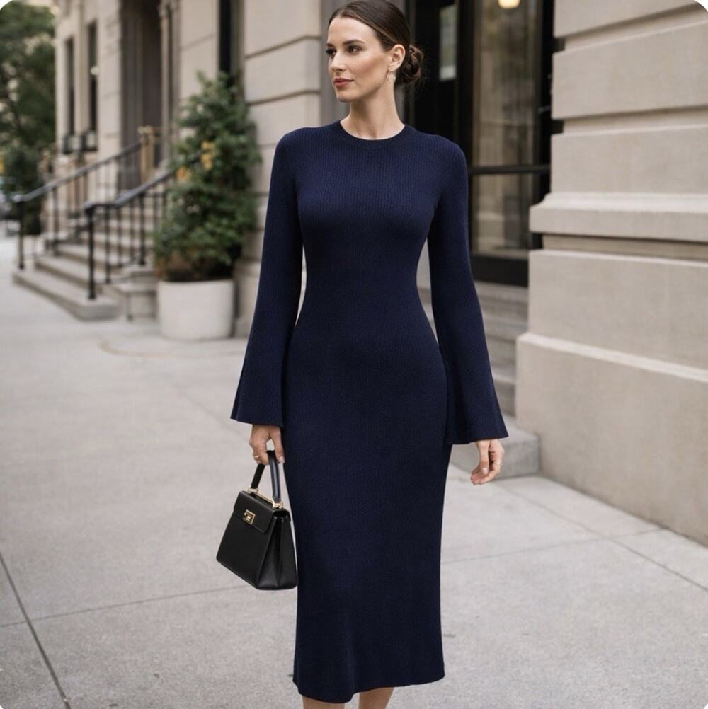 J Crew Sz L Navy Ribbed Maxi Bell Sleeves Quiet Luxury Minimalist Sheath Dress